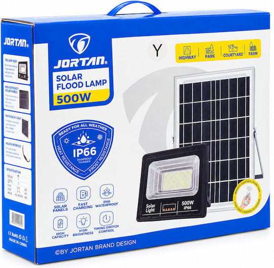 Jortan Waterproof Solar LED Floodlight 500W Cold White 6500K with Remote Control IP66