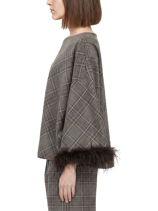 Bluza Damă Mânecă Lungă Carou Maro-Bej
