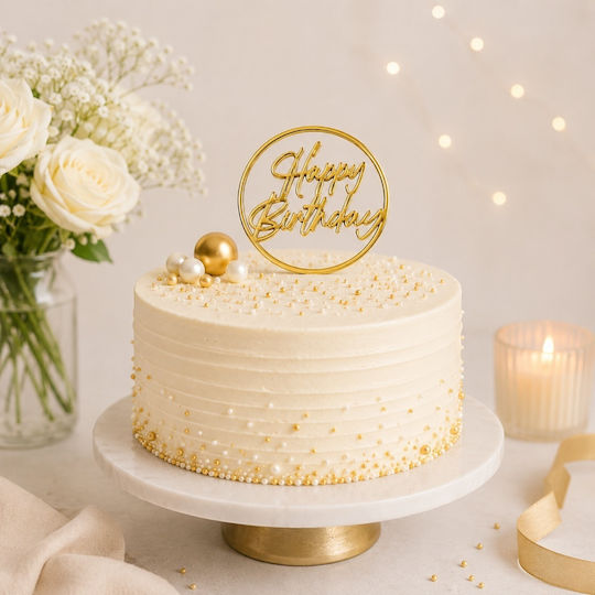 Acrylic Cake Topper "happy Birthday" In Circle Gold Model 8 Cm Lumea