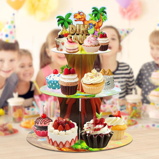 Stand Pentru Dulciuri Flippy Din Carton 3 Nivele Diametru 16 22 29 Cm Înălțime 38 Cm Temă Dinozaur Multicolor