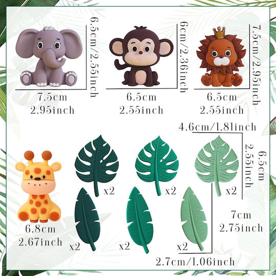 Set 16 Topperuri Tort Festiv Temă Junglă Safari Verde Salvie Dulciuri Animale Leu Elefant Maimuță Girafă Frunze Tropicale Decorațiuni Tort Copii Festiv Botez Baby Shower