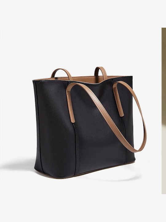 Set Aus Leder Damen Shopper Tasche Schwarz
