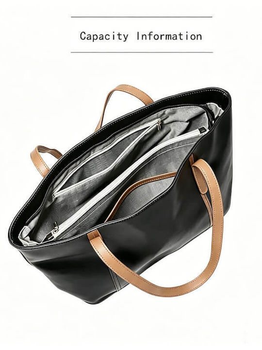 Set Aus Leder Damen Shopper Tasche Schwarz