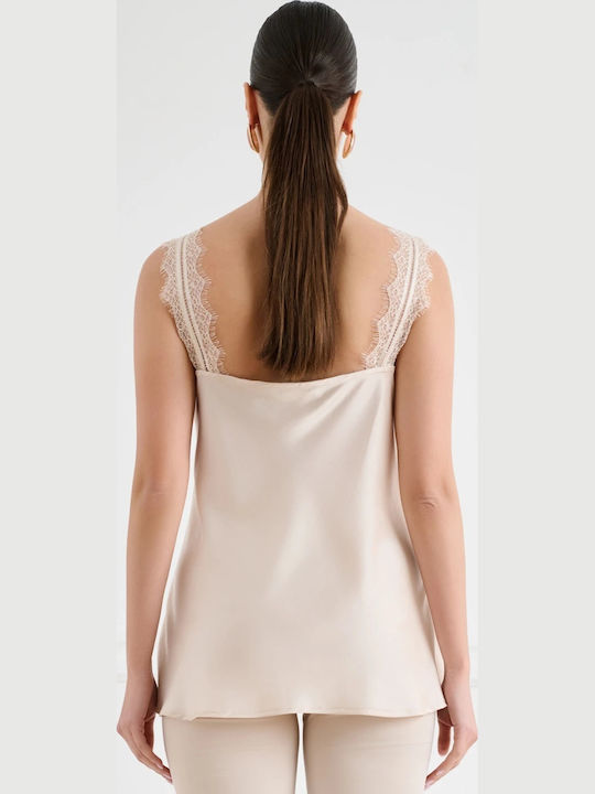 Women's Satin Blouse with Ecru Lace