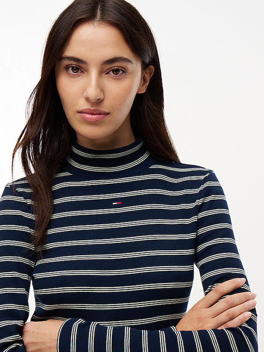 Women's Cotton Long Sleeve Turtleneck Striped Navy Blue Top