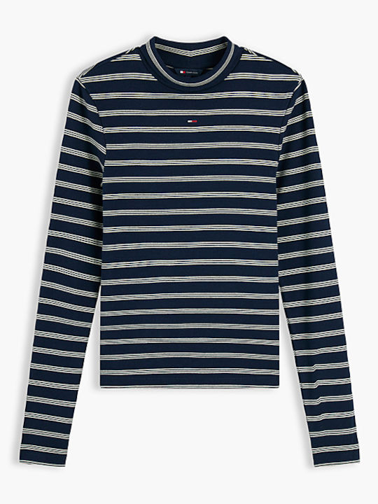 Women's Cotton Long Sleeve Turtleneck Striped Navy Blue Top
