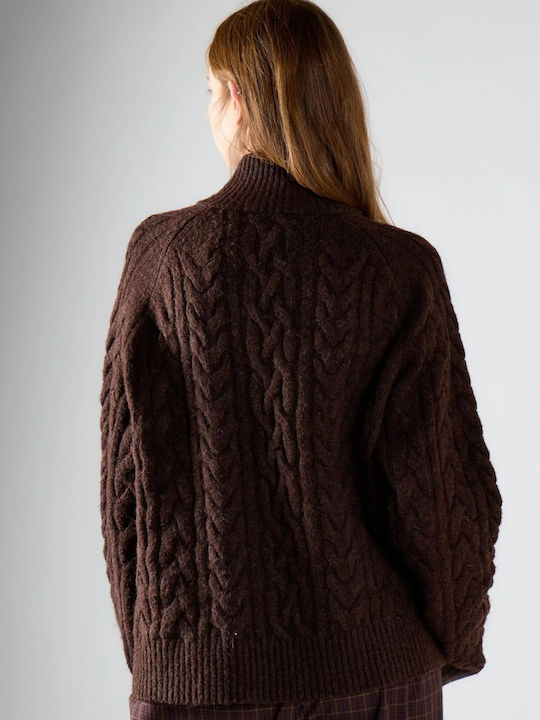 Women's Sweater with Neckline with Zipper Dark Brown Marl