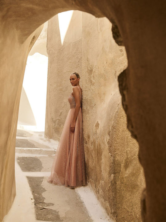Лятна Maxi Рокля За Вечерно Излизане С Прозрачни Елементи Old Pink Розова
