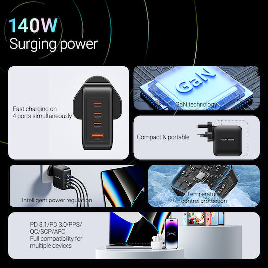 Vention GaN Charger with USB-A Port, 3 USB-C Ports and USB-C to USB-C Cable 140W Power Delivery / Quick Charge 3.0 Black (FEIB0-UK)