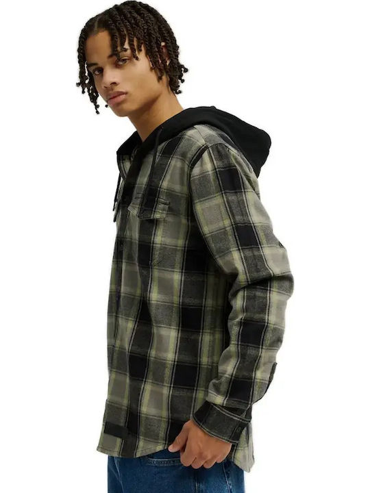Ruckus Hooded Cămașă cu Mâneci Lungi, Regular Fit, în Carouri Negre