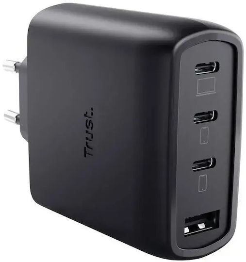 Trust GaN Charger Without Cable with USB-A Port and 3 USB-C Ports 65W Power Delivery Black (Maxo)