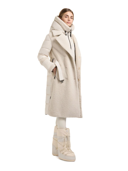 Lange Damen-Pufferjacke für den Winter in Ecru