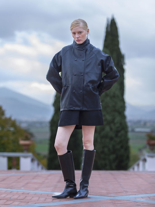 Eleh Leder Damenjacke für Winter Schwarz
