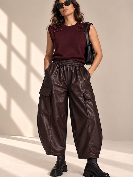 Women's Leather Cargo Trousers with Rubber Band in Loose Fit Brown RAGE 19172 BR