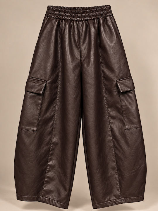 Women's Leather Cargo Trousers with Rubber Band in Loose Fit Brown RAGE 19172 BR