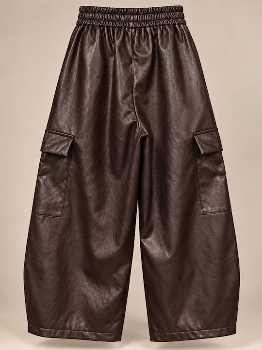 Women's Leather Cargo Trousers with Rubber Band in Loose Fit Brown RAGE 19172 BR