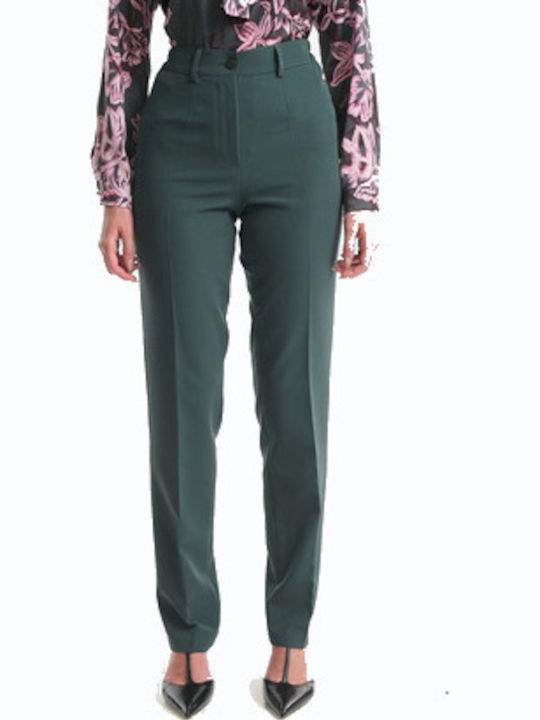 Women's High Rise Fabric Trousers with Elastic Green