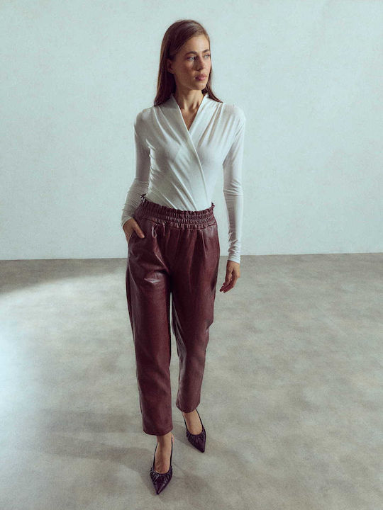 Damen Lederhose mit Volant Hochbund Burgundisch