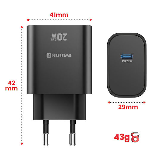 Swissten Φορτιστής Χωρίς Καλώδιο GaN με Θύρα USB-C 20W Power Delivery Μαύρος (22071710)