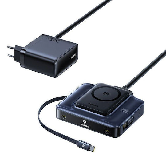 Baseus Wireless Qi2 Charger with 2 USB-C Ports and USB-C Cable 245W Power Delivery Black (Nomos NH21)