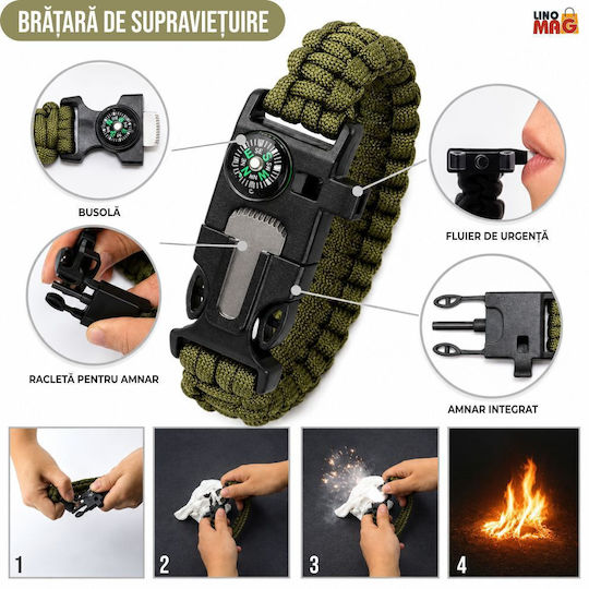 Linomag Kit de Supraviețuire Complet 45+ Funcții Set Camping de Urgență Lanternă LED Stilou Tactical Ustensil Multifuncțional Aprinzător de Foc Pătură Termică Brățară Paracord Busolă Fluier Card Multifuncțional 21 X 11.5 X 6 Cm Negru
