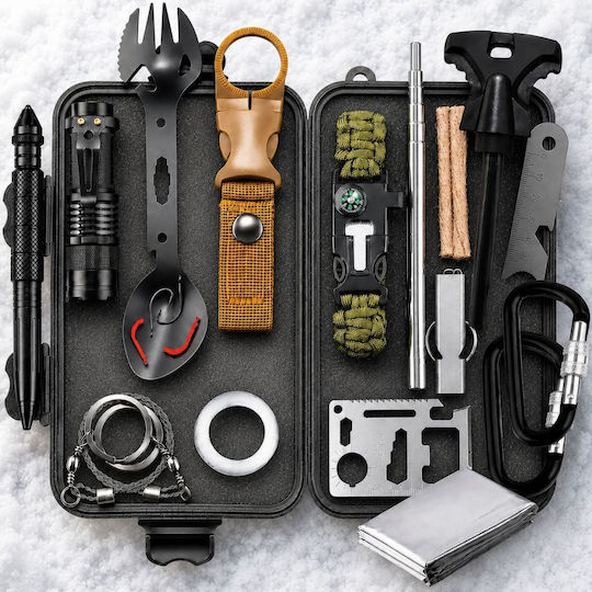 Linomag Kit de Supraviețuire Complet 45+ Funcții Set Camping de Urgență Lanternă LED Stilou Tactical Ustensil Multifuncțional Aprinzător de Foc Pătură Termică Brățară Paracord Busolă Fluier Card Multifuncțional 21 X 11.5 X 6 Cm Negru