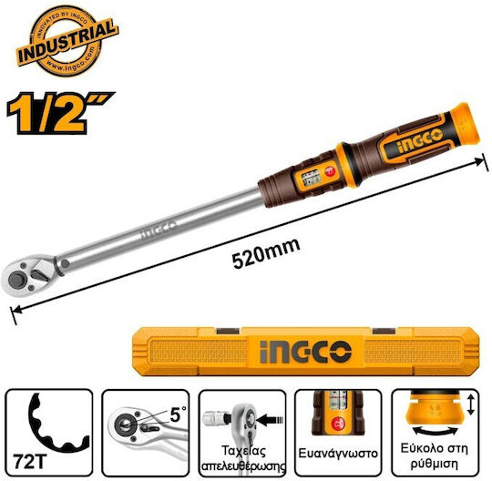 Ingco Drehmomentschlüssel Antriebsgröße 1/2" Mindest-Drehmoment 40-220 Nm