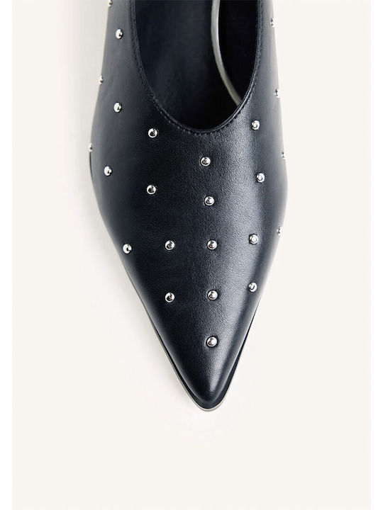 Leder Spitze Zehe Pumps mit niedrigem Absatz Schwarz