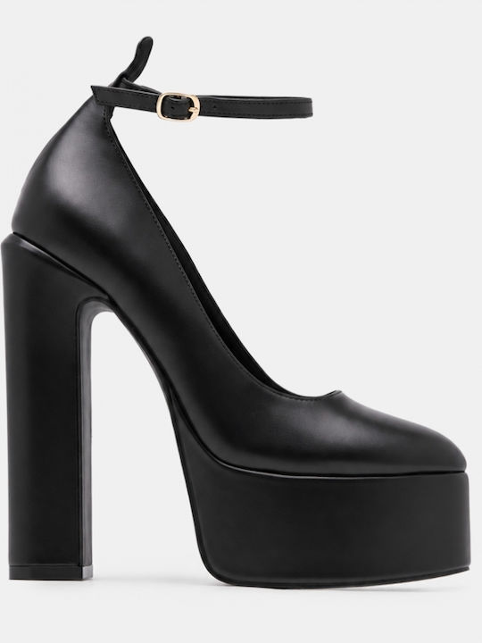 Остри Обувки на Ток С Платформа С Каишка И Среден Ток Черни