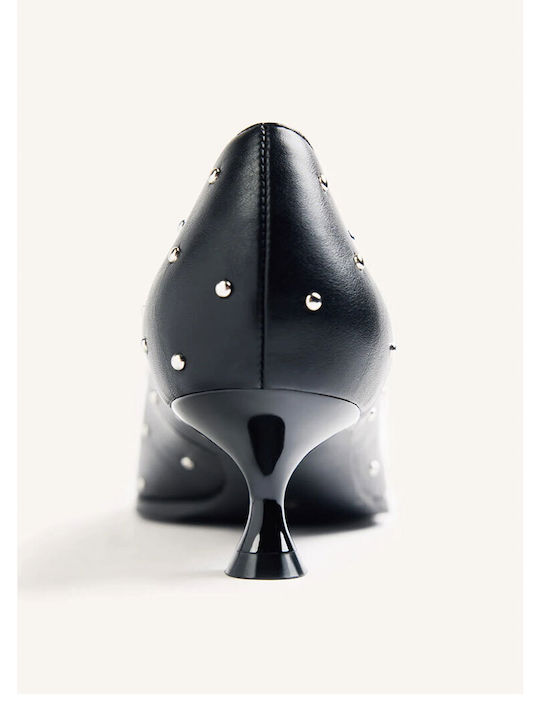 Leder Spitze Zehe Pumps mit niedrigem Absatz Schwarz