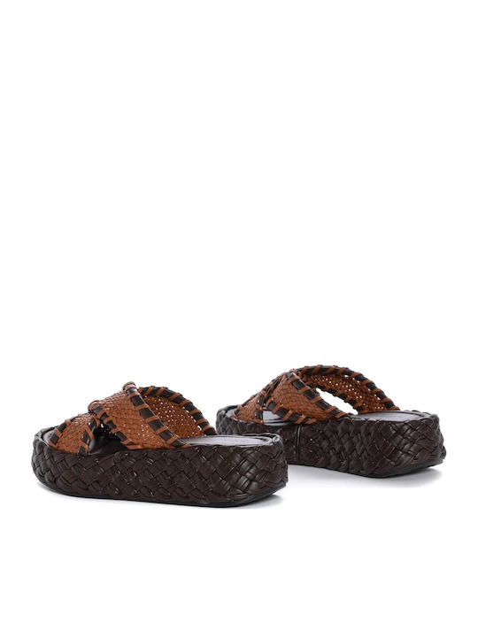 Leather Women's Flat Sandals Flatforms Brown 12023 T00
