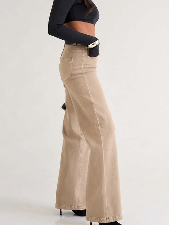 High Rise Women's Jean Pants In Wide Leg Style Beige