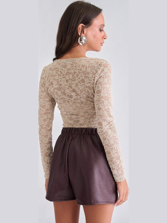 Fustă-Short Din Piele Pentru Femei Burgundy