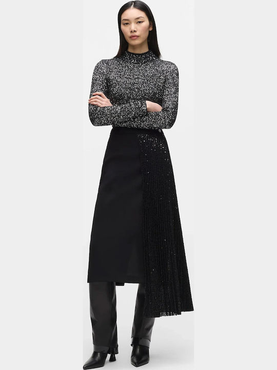 Plissierte Hohe Taille Midi Damenrock Schwarz