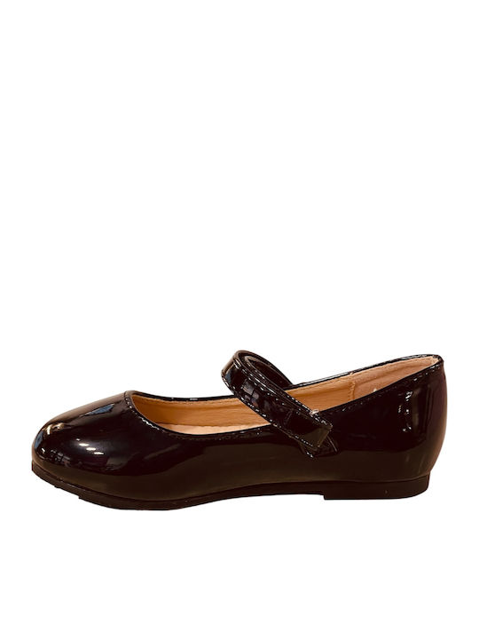 Kids Anatomic Ballerinas with Hook & Loop Closure Patent Leather Black