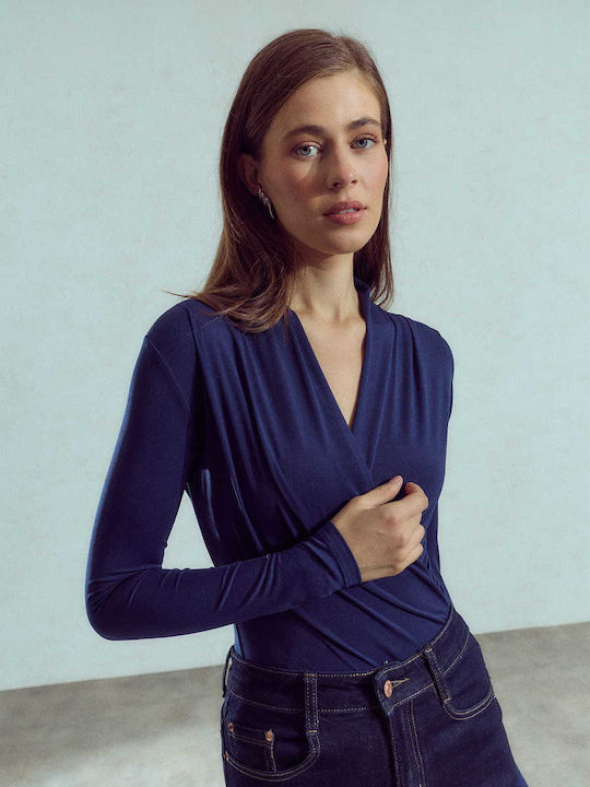 Celestino Damen-Bodysuit Wickel Piqué Dunkelblau