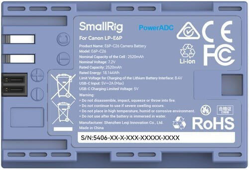 Smallrig 5406 Baterie Canon Lp-e6p Usb-c