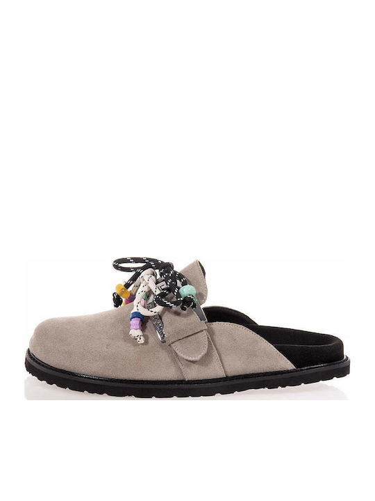 Leder Damen Pantoletten mit Absatz in Grau Farbe
