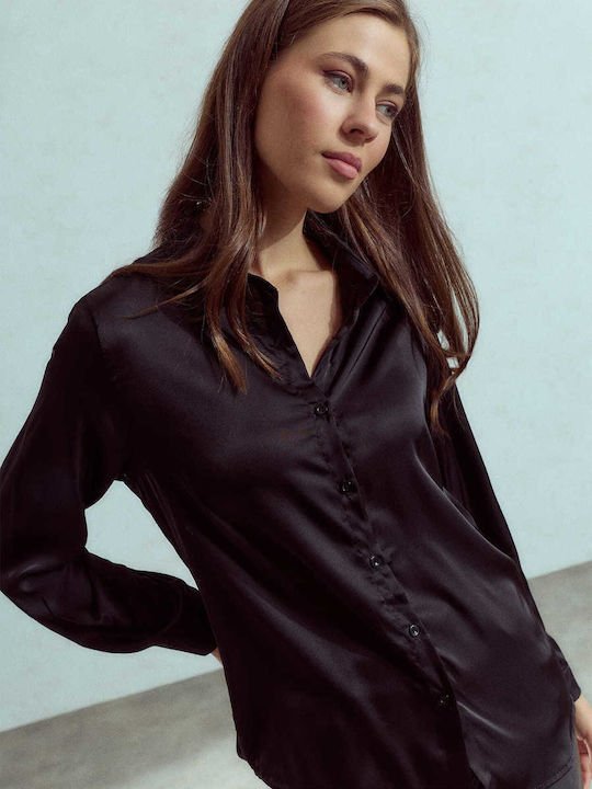Celestino Damenhemden Satin Monochrom Schwarz