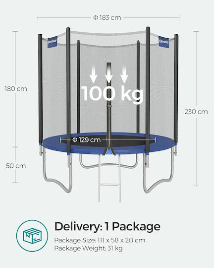 Songmics Trambulină de Exterior cu Diametrul de 183 cm, cu Plasă de Protecție și Scară, Albastră