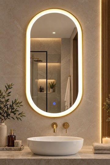 LED-Spiegel mit goldenem Rahmen und sandgestrahltem Glas 42x80cm