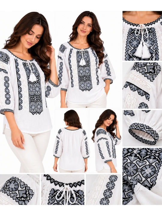 Bluză Damă din Bumbac White/Grey