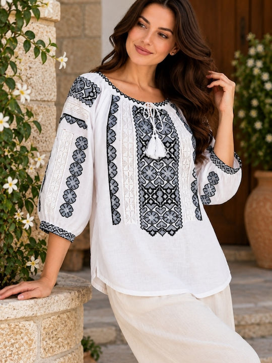 Bluză Damă din Bumbac White/Grey