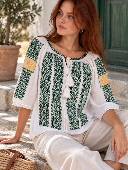 Bluză Damă din Bumbac White/green