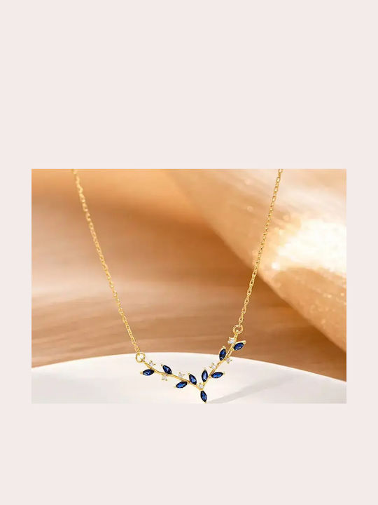 By Queen Colier Din Argint 925 Sapphire Leaves Nuanță Aurie Cu Zircon Albastru