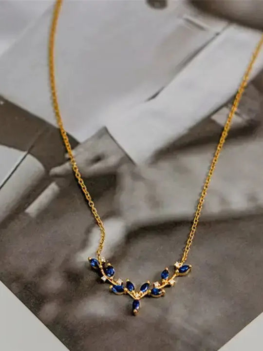 By Queen Colier Din Argint 925 Sapphire Leaves Nuanță Aurie Cu Zircon Albastru