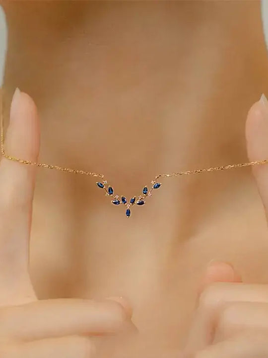 By Queen Colier Din Argint 925 Sapphire Leaves Nuanță Aurie Cu Zircon Albastru