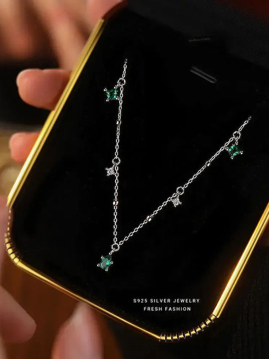 By Queen Ασημένιο Κολιέ 925 Emerald Drops Mε Πράσινα Ζιργκόν