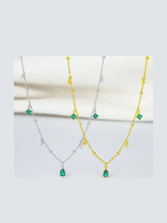 By Queen Ασημένιο Κολιέ 925 Emerald Drops Mε Πράσινα Ζιργκόν