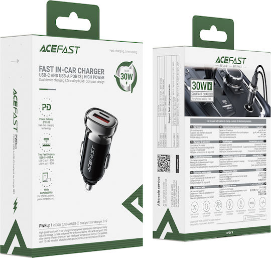 Acefast Car Charger with Ports: 1xUSB-A 1xType-C Black Colour